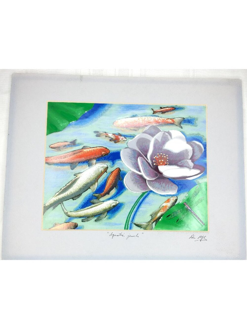 Original Signed Art “Aquatic Jewels” Koi Fish Lotus Flower Dragonfly Painting